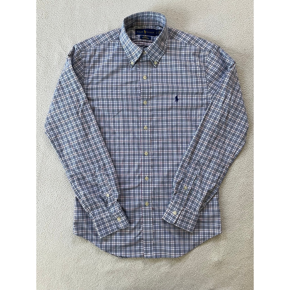 Ralph Lauren Mens Small Button Down Shirt Blue Plaid Slim Fit Performance Preppy